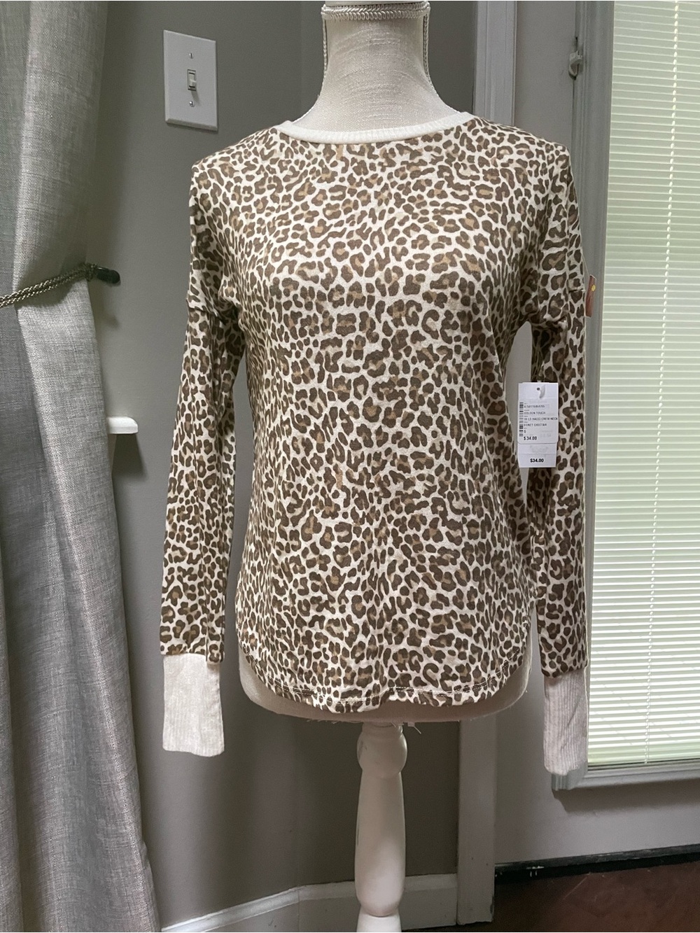 Planet Gold Leopard Print Crewneck Sweater - Cream & Brown